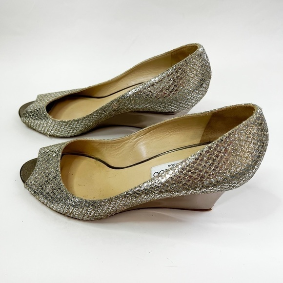 JIMMY CHOO Metallic Champagne Glitter Baxen Peep Toe Wedge 39.5 - Picture 3 of 6